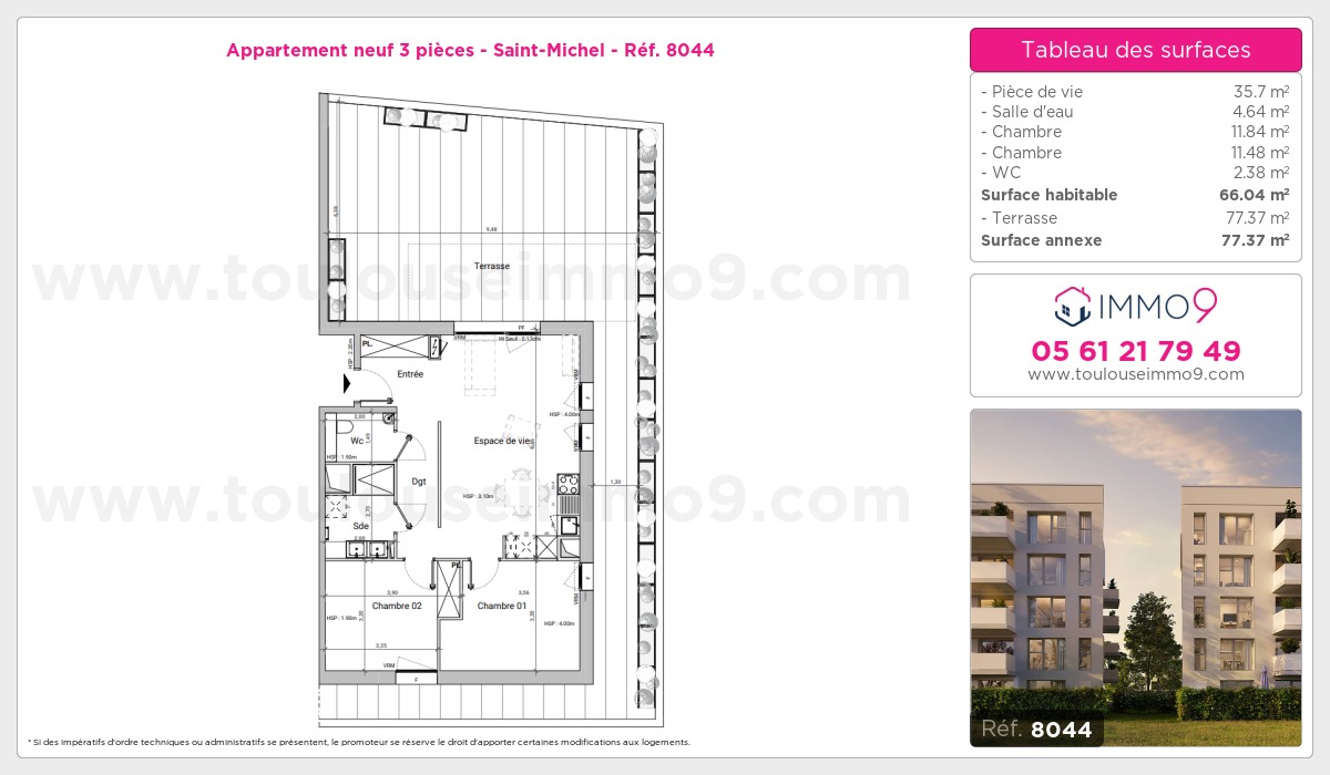 Plan et surfaces, Programme neuf Toulouse : Saint-Michel Référence n° 8044