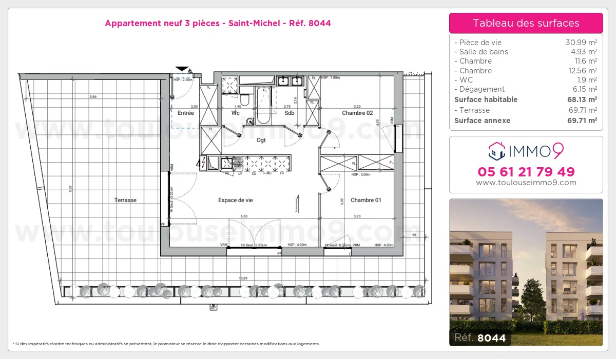 Plan et surfaces, Programme neuf Toulouse : Saint-Michel Référence n° 8044