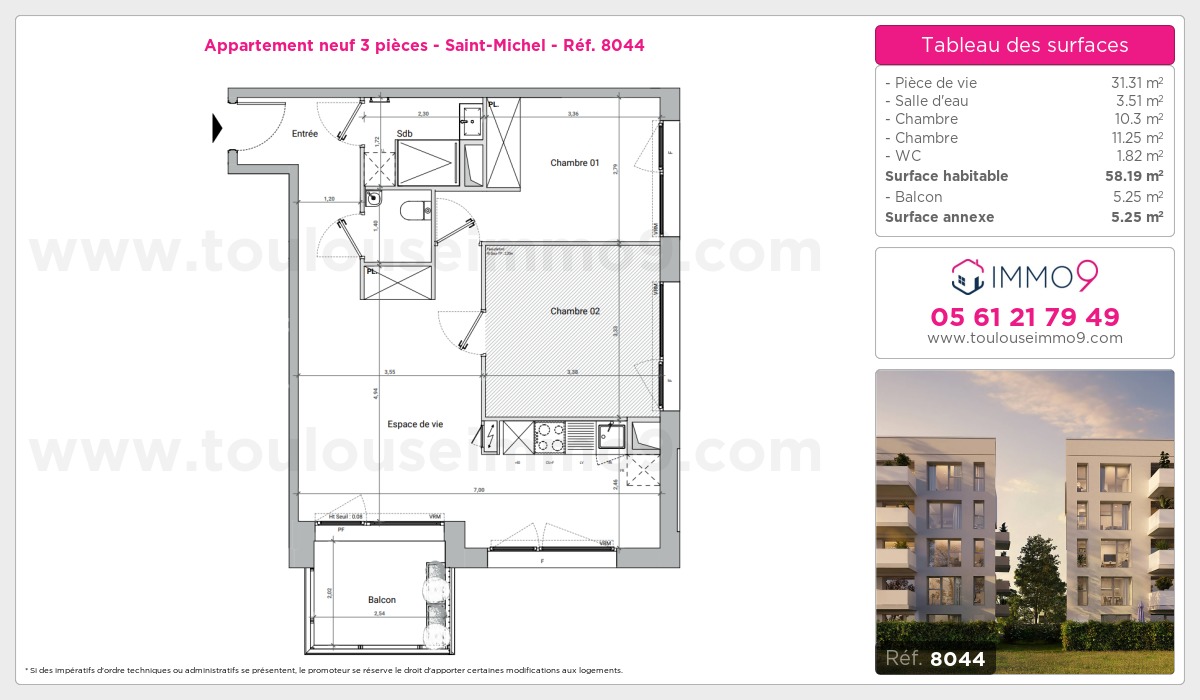 Plan et surfaces, Programme neuf Toulouse : Saint-Michel Référence n° 8044