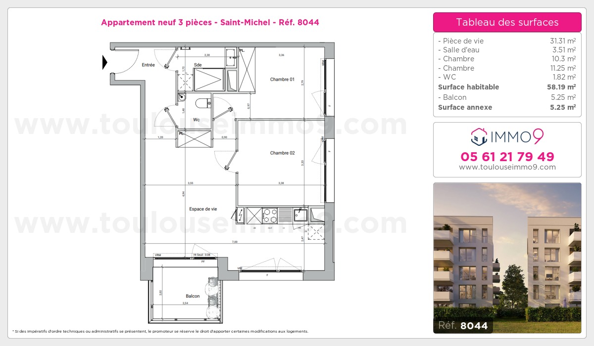 Plan et surfaces, Programme neuf Toulouse : Saint-Michel Référence n° 8044