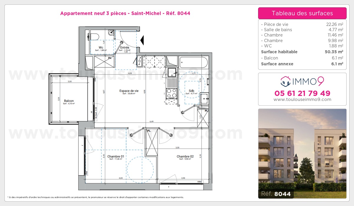 Plan et surfaces, Programme neuf Toulouse : Saint-Michel Référence n° 8044