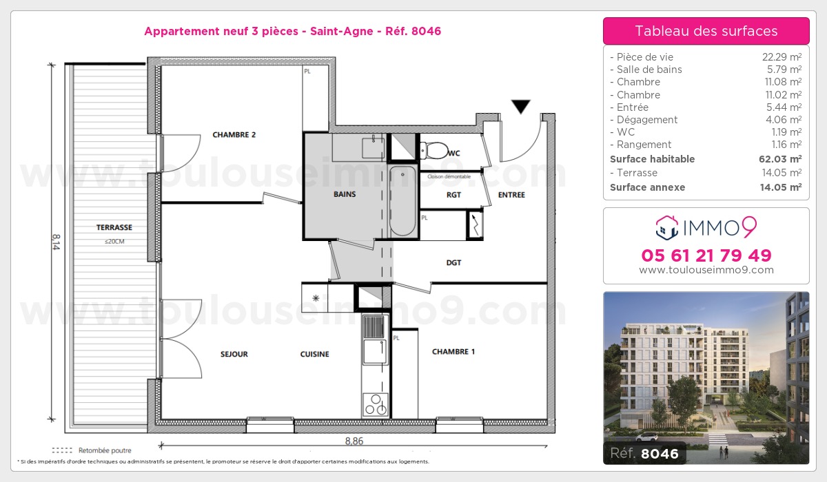 Plan et surfaces, Programme neuf Toulouse : Saint-Agne Référence n° 8046