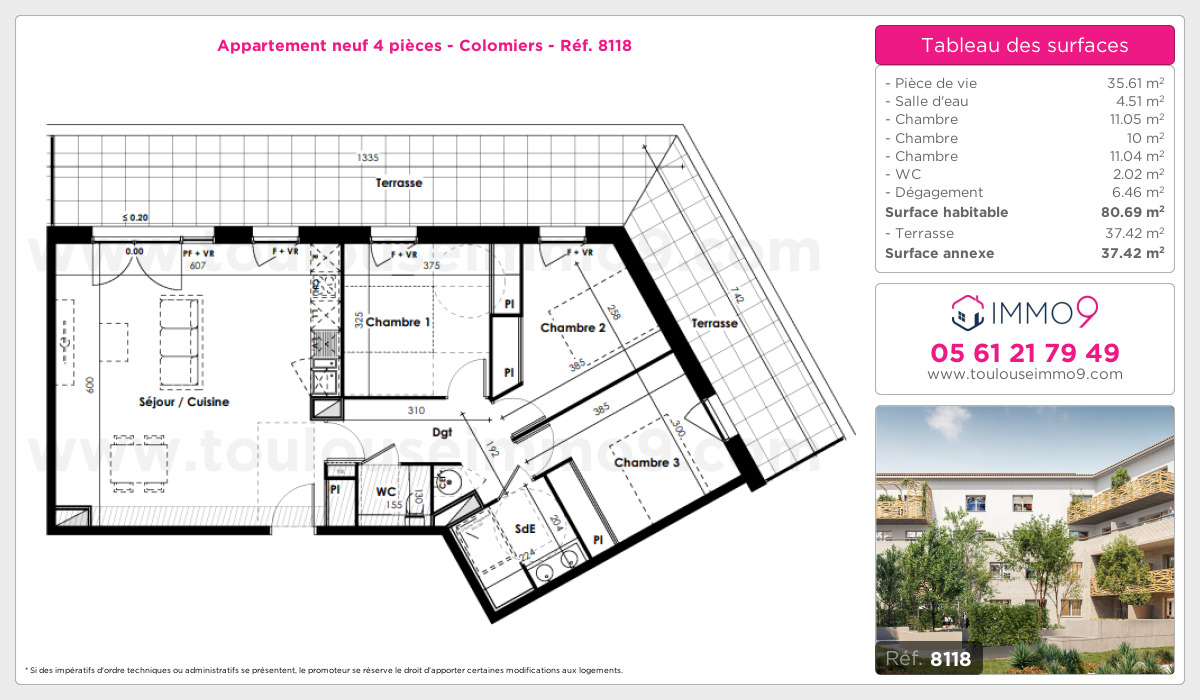 Plan et surfaces, Programme neuf Colomiers Référence n° 8118
