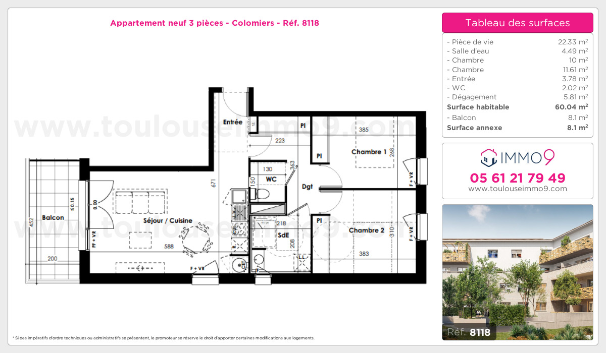 Plan et surfaces, Programme neuf Colomiers Référence n° 8118