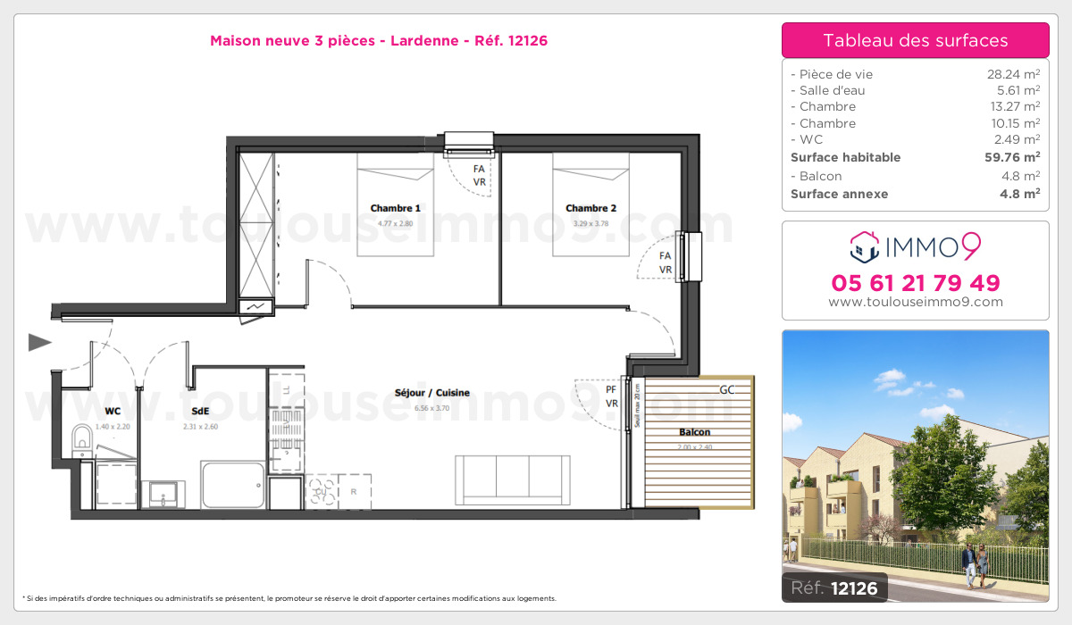 Plan et surfaces, Programme neuf Toulouse : Lardenne Référence n° 12126