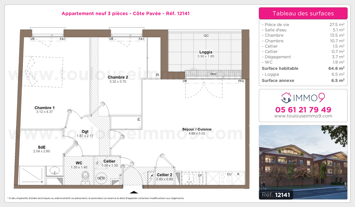 Plan et surfaces, Programme neuf Toulouse : Côte Pavée Référence n° 12141