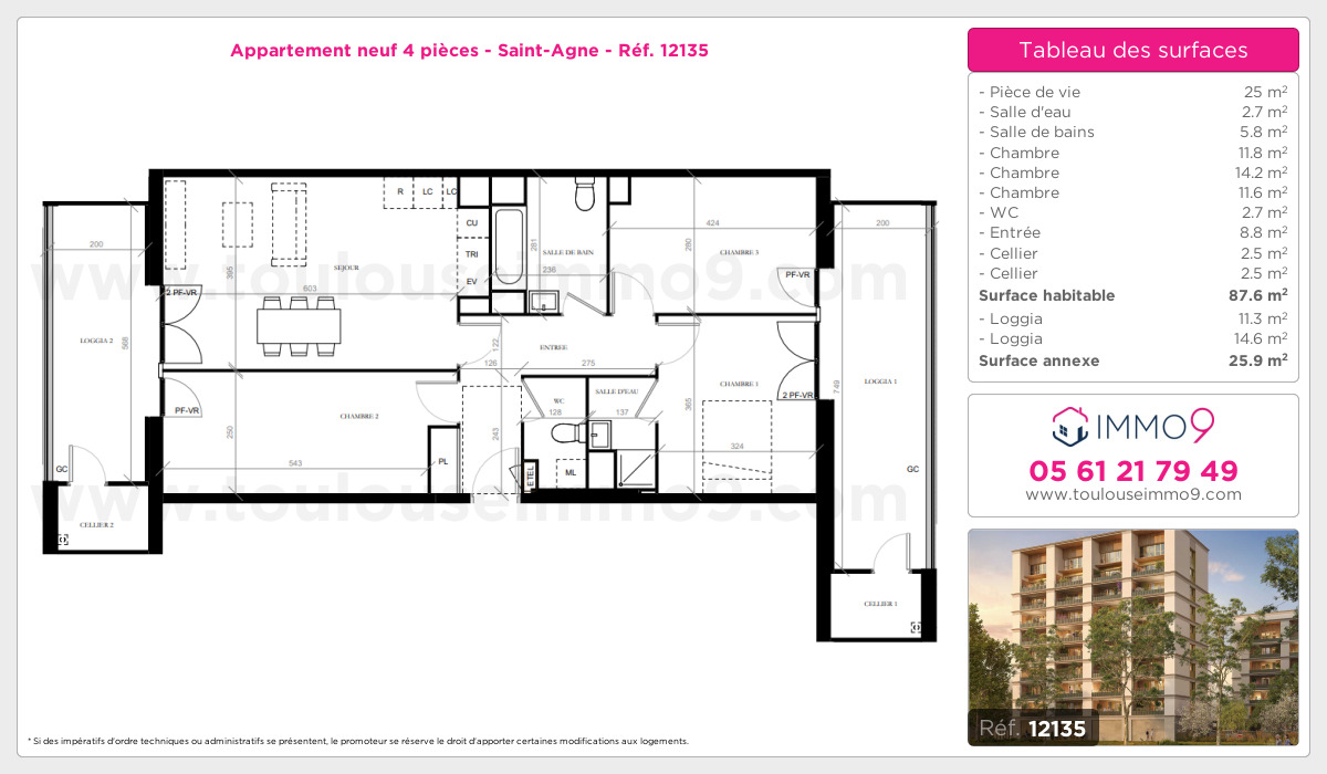 Plan et surfaces, Programme neuf Toulouse : Saint-Agne Référence n° 12135