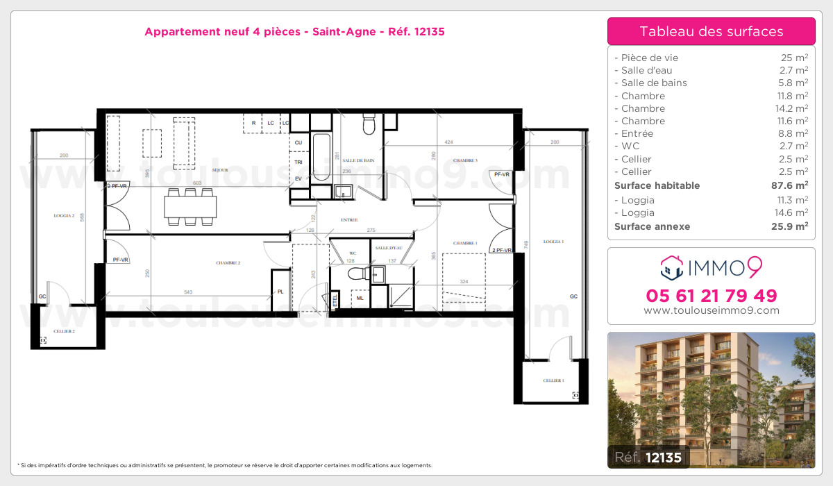 Plan et surfaces, Programme neuf Toulouse : Saint-Agne Référence n° 12135