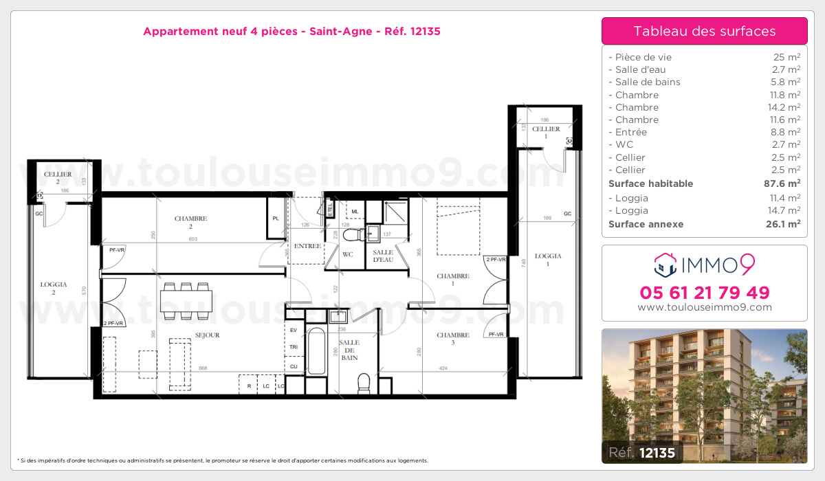 Plan et surfaces, Programme neuf Toulouse : Saint-Agne Référence n° 12135