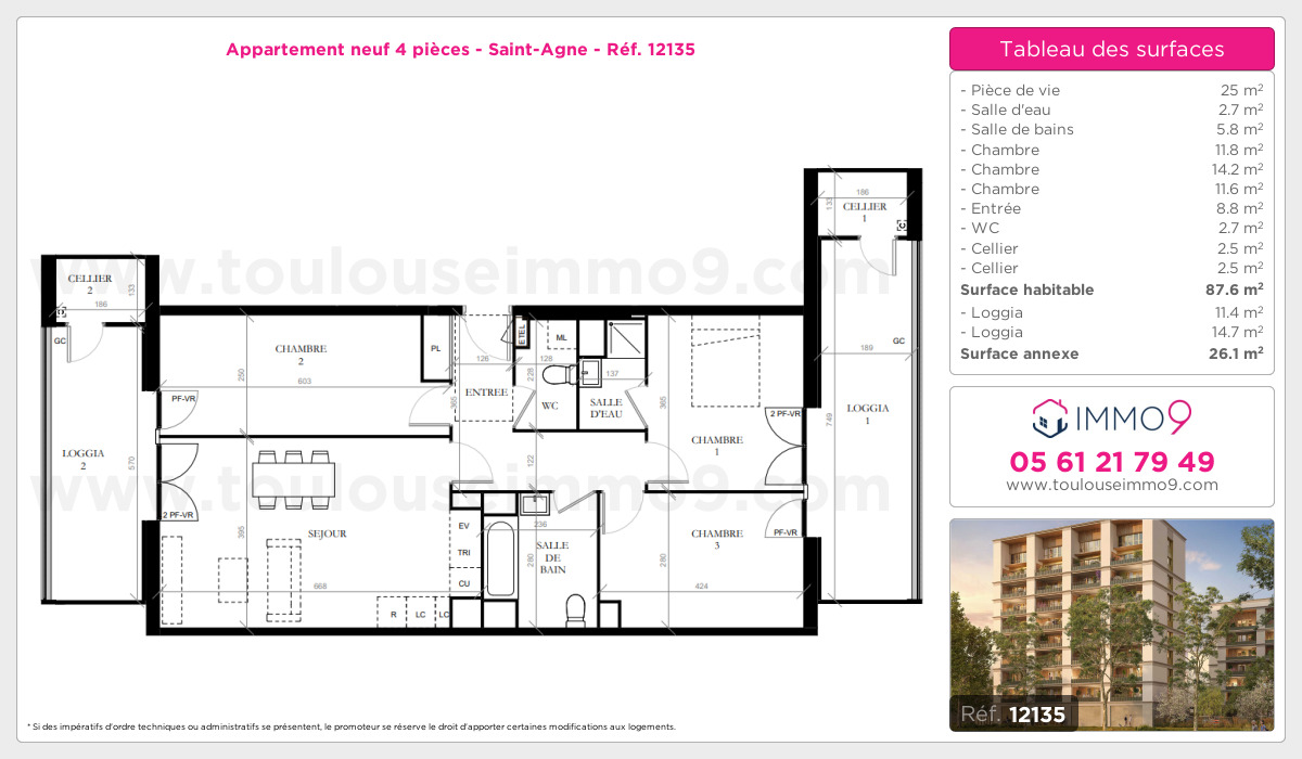 Plan et surfaces, Programme neuf Toulouse : Saint-Agne Référence n° 12135