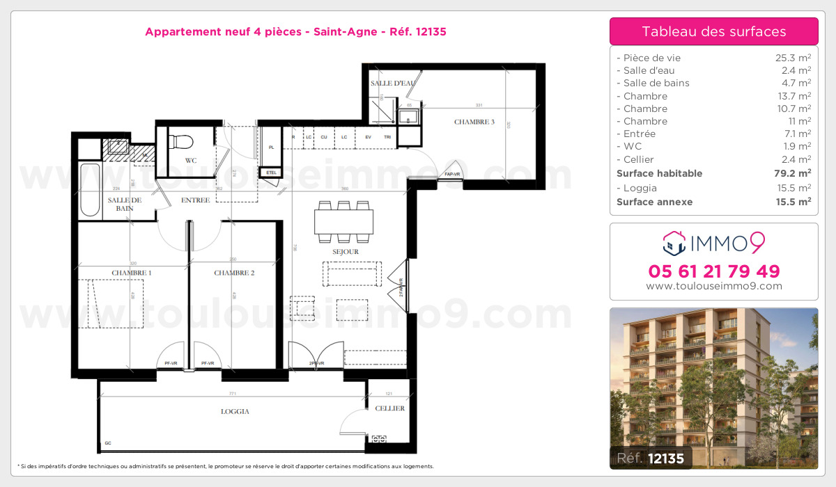 Plan et surfaces, Programme neuf Toulouse : Saint-Agne Référence n° 12135