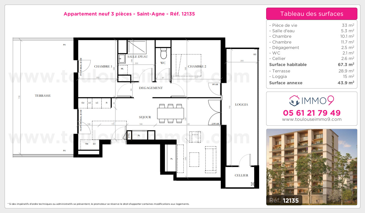 Plan et surfaces, Programme neuf Toulouse : Saint-Agne Référence n° 12135