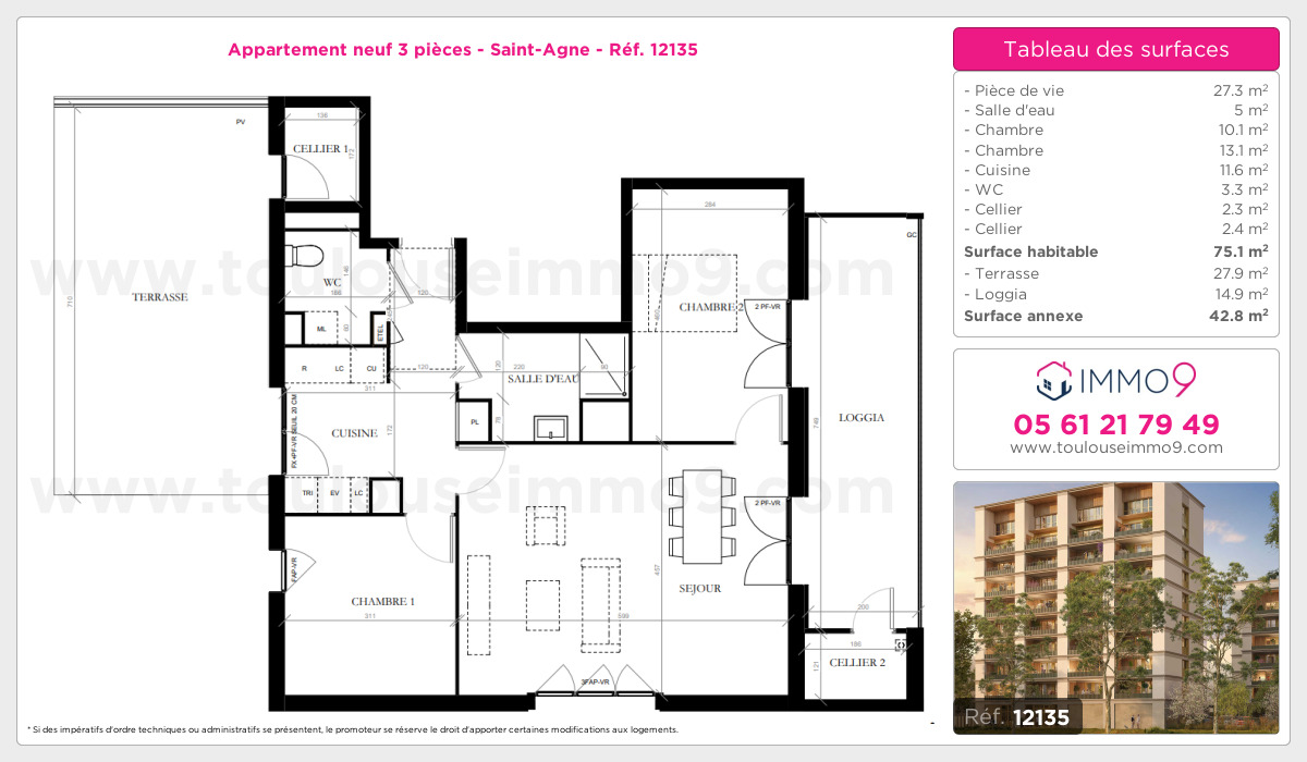 Plan et surfaces, Programme neuf Toulouse : Saint-Agne Référence n° 12135