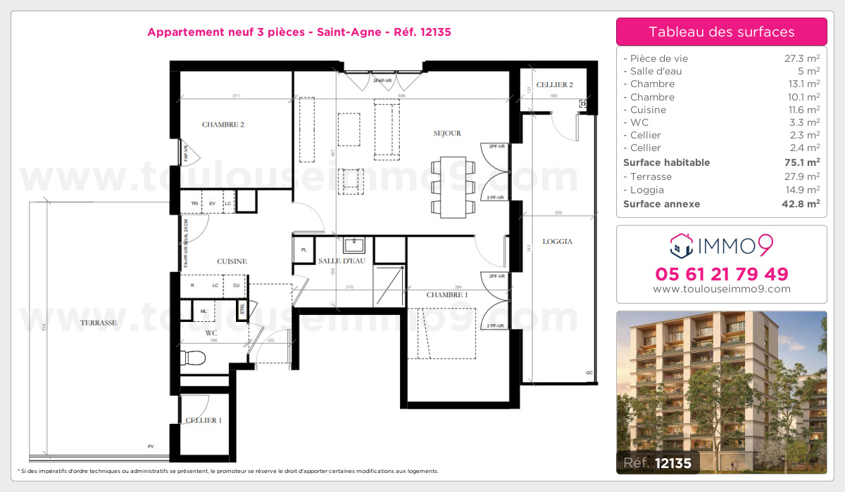 Plan et surfaces, Programme neuf Toulouse : Saint-Agne Référence n° 12135
