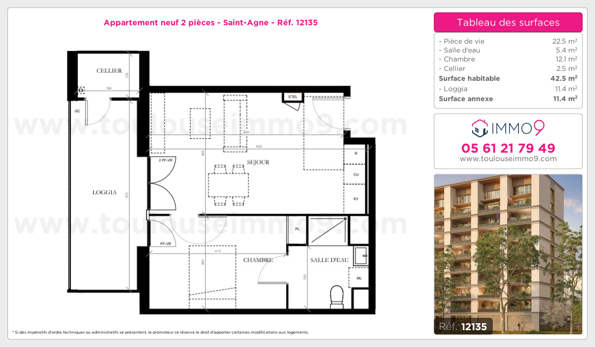 Plan et surfaces, Programme neuf Toulouse : Saint-Agne Référence n° 12135
