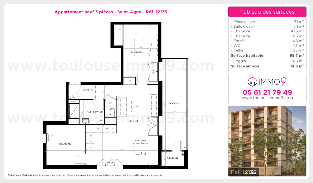 Plan et surfaces, Programme neuf Toulouse : Saint-Agne Référence n° 12135