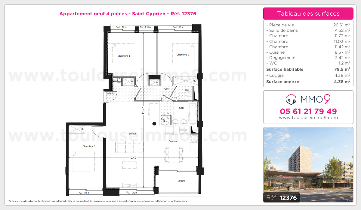 Plan et surfaces, Programme neuf Toulouse : Saint Cyprien Référence n° 12376