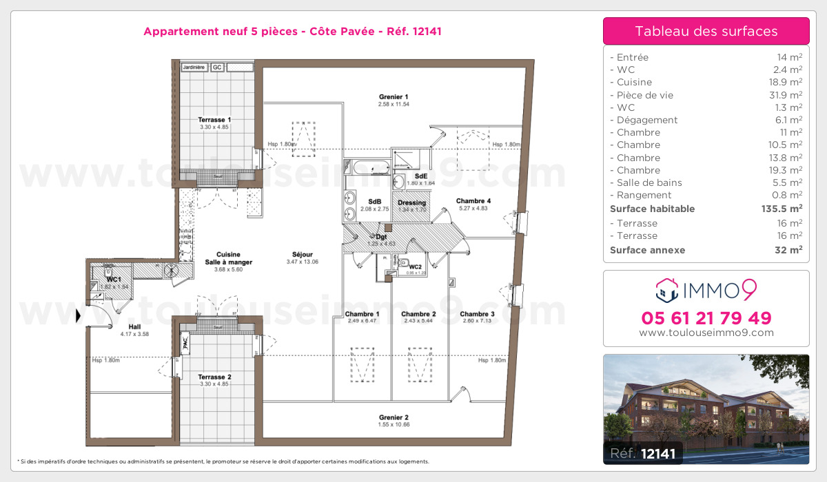 Plan et surfaces, Programme neuf Toulouse : Côte Pavée Référence n° 12141