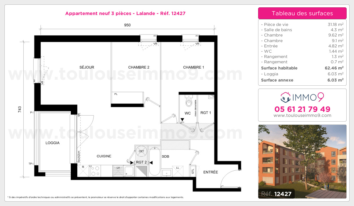 Plan et surfaces, Programme neuf Toulouse : Lalande Référence n° 12427