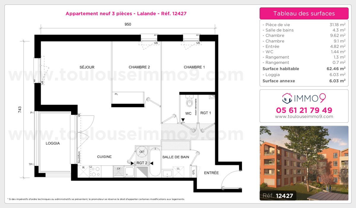 Plan et surfaces, Programme neuf Toulouse : Lalande Référence n° 12427