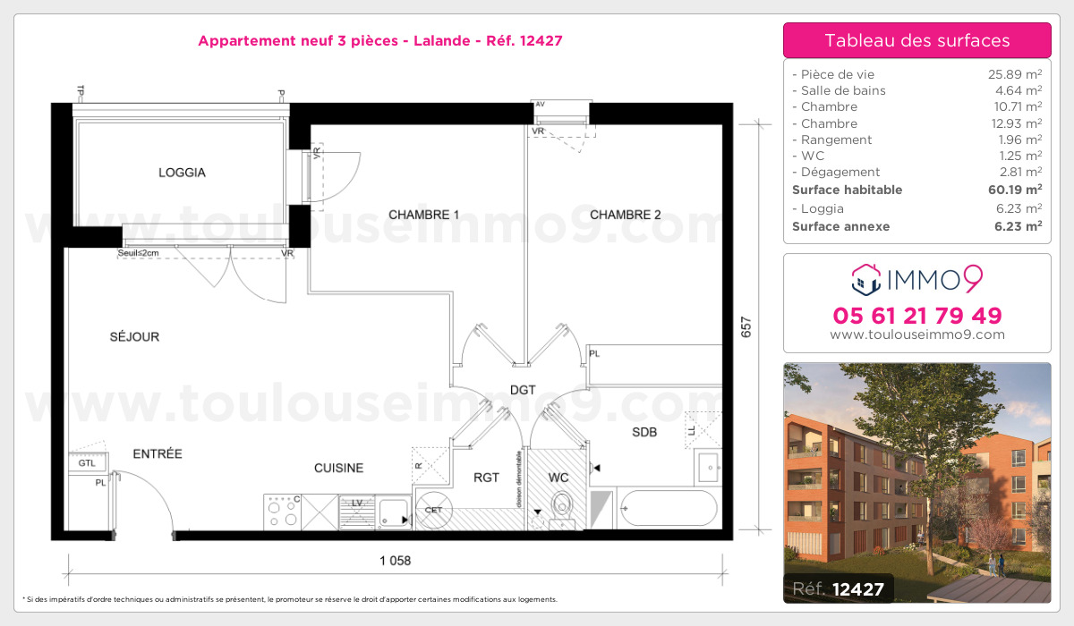 Plan et surfaces, Programme neuf Toulouse : Lalande Référence n° 12427