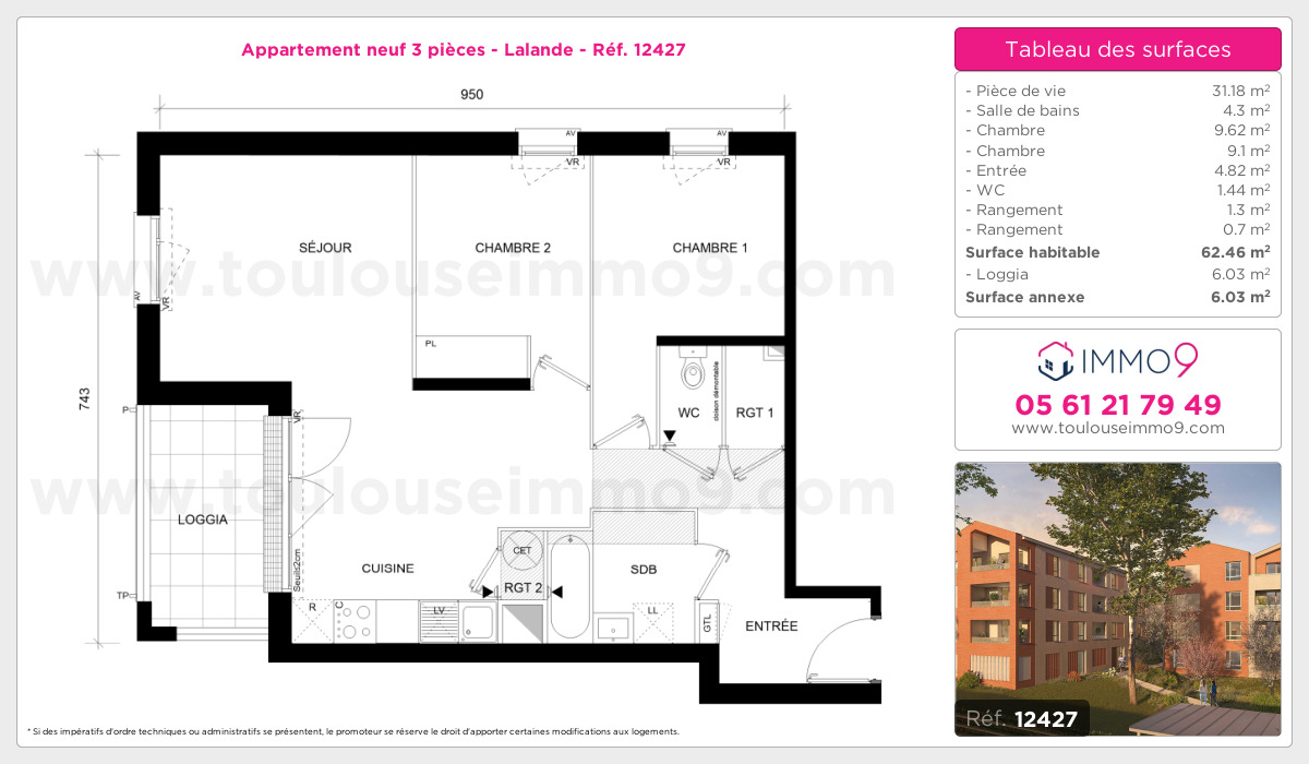 Plan et surfaces, Programme neuf Toulouse : Lalande Référence n° 12427