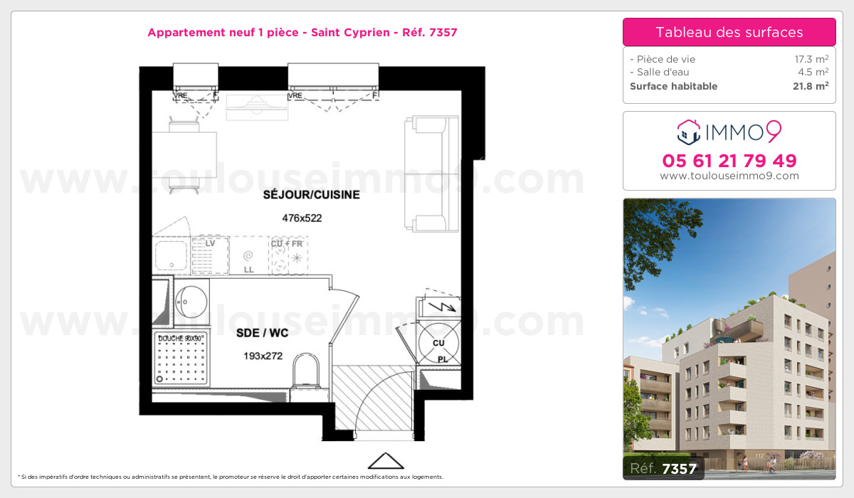 Plan et surfaces, Programme neuf Toulouse : Saint Cyprien Référence n° 7357