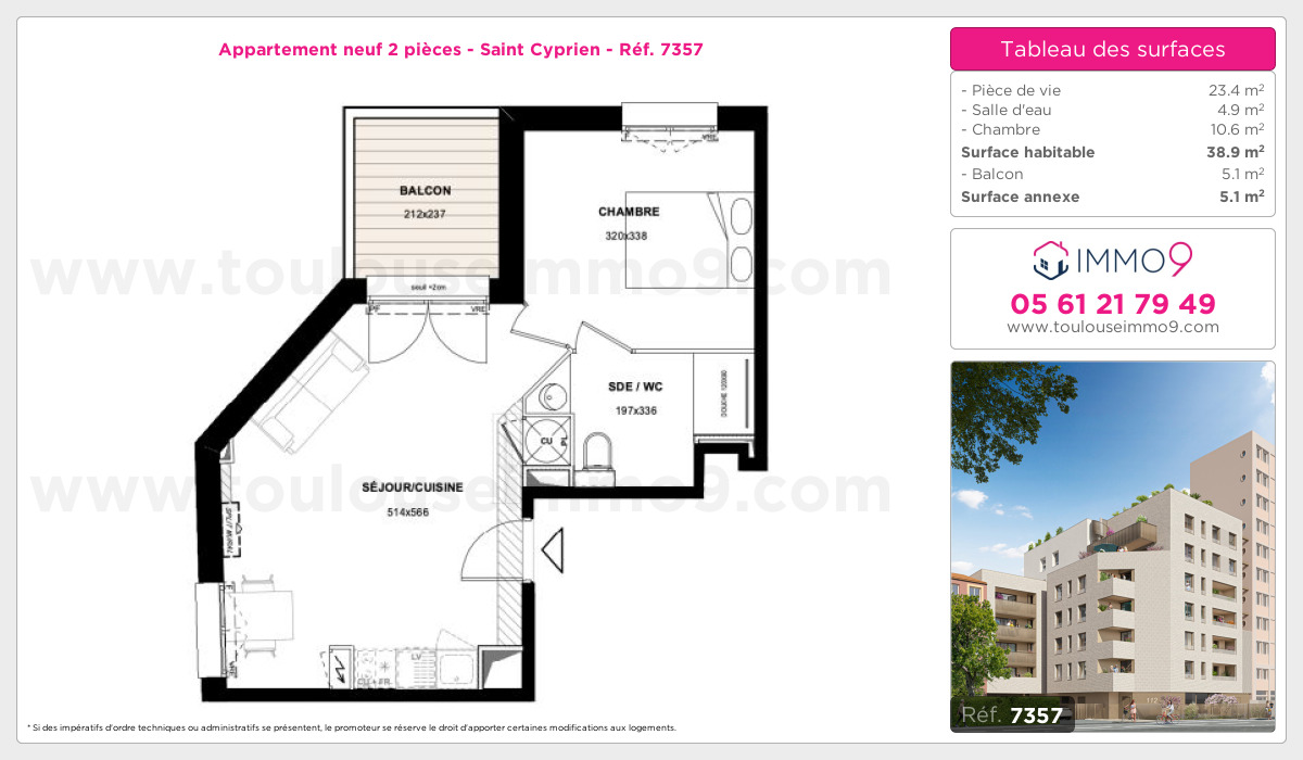 Plan et surfaces, Programme neuf Toulouse : Saint Cyprien Référence n° 7357