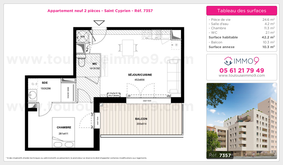 Plan et surfaces, Programme neuf Toulouse : Saint Cyprien Référence n° 7357