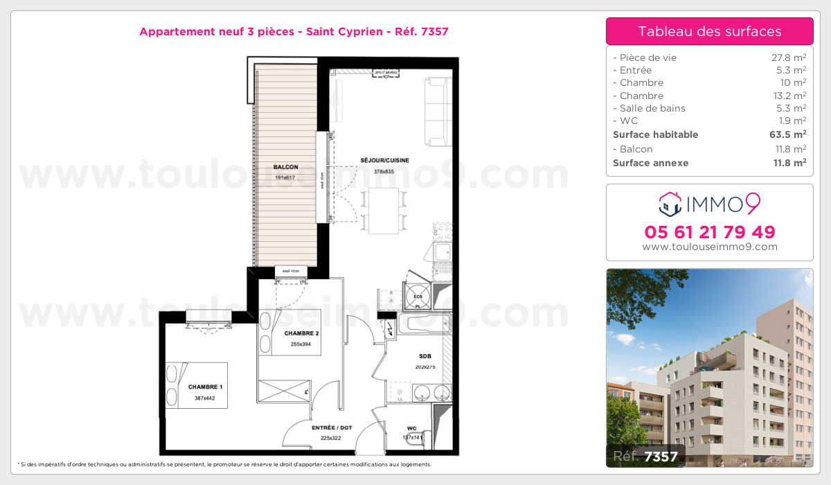 Plan et surfaces, Programme neuf Toulouse : Saint Cyprien Référence n° 7357