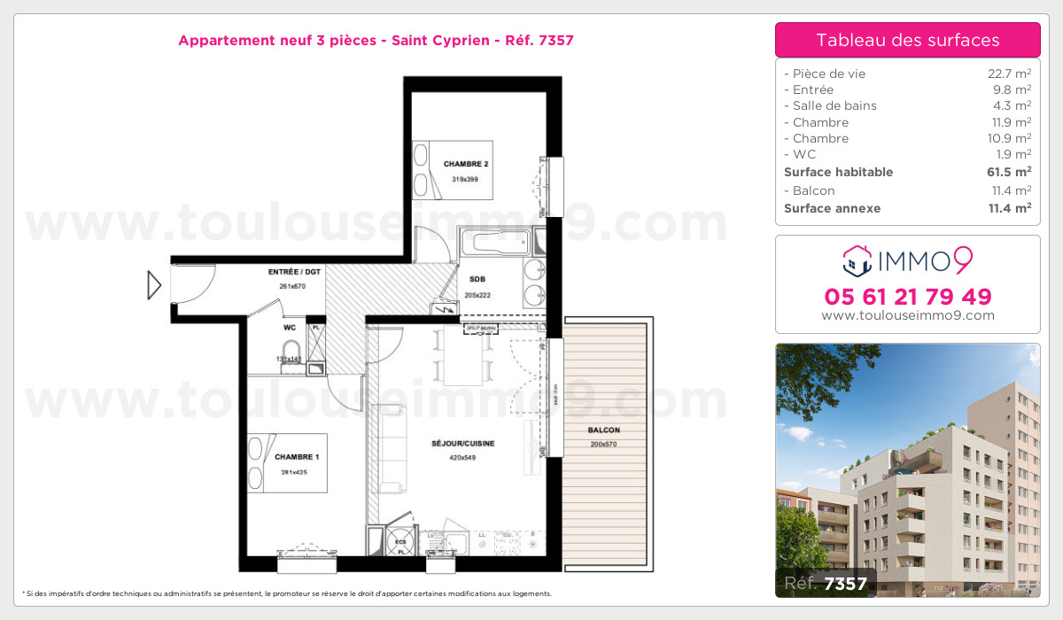 Plan et surfaces, Programme neuf Toulouse : Saint Cyprien Référence n° 7357