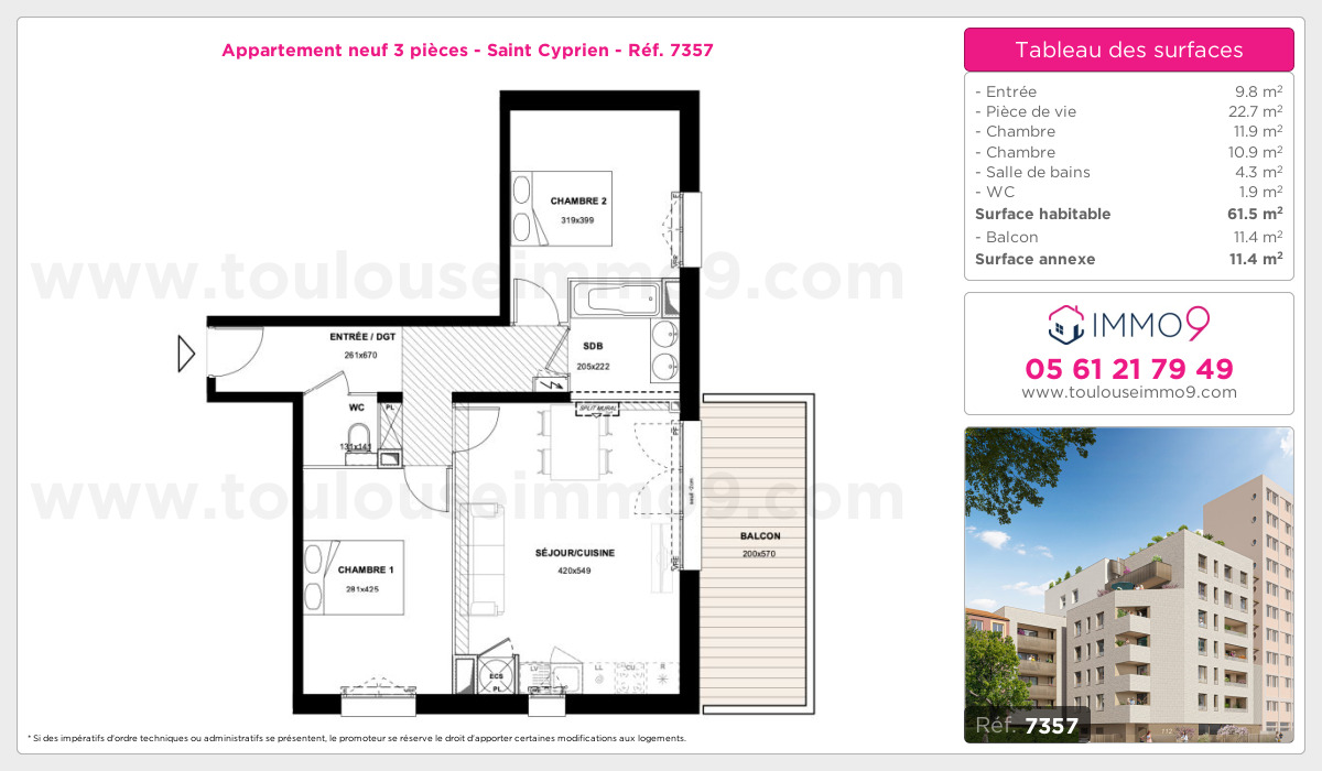 Plan et surfaces, Programme neuf Toulouse : Saint Cyprien Référence n° 7357