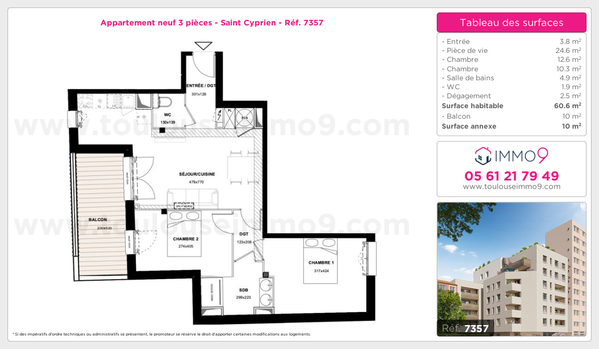 Plan et surfaces, Programme neuf Toulouse : Saint Cyprien Référence n° 7357
