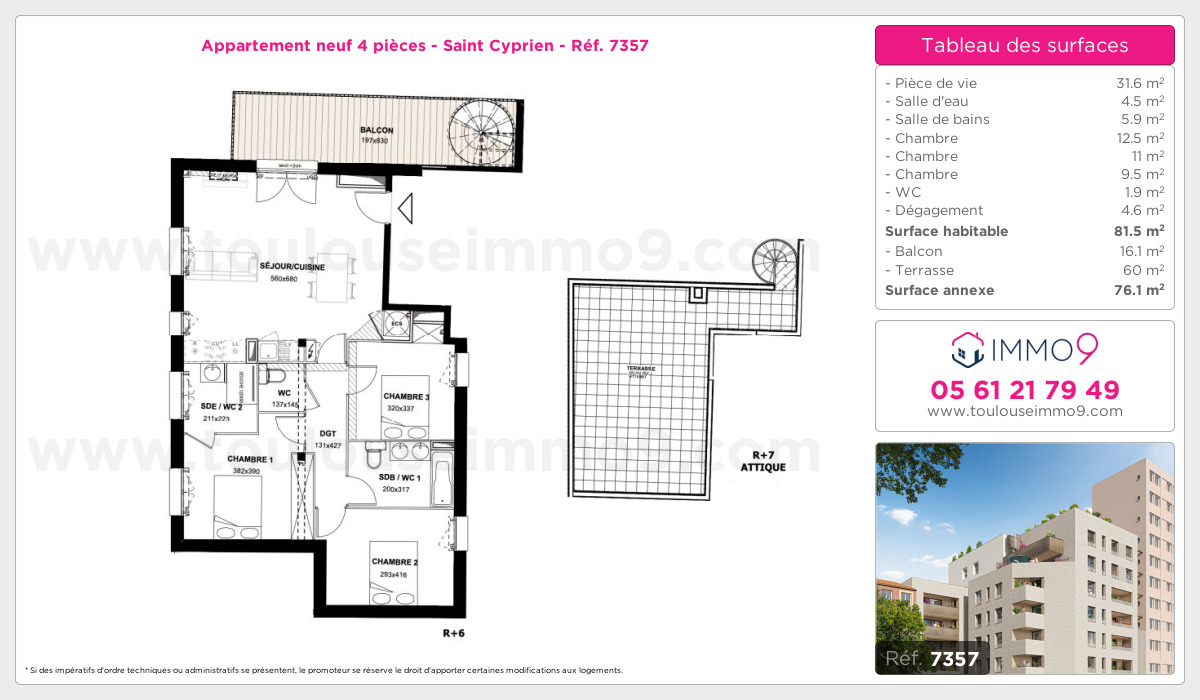 Plan et surfaces, Programme neuf Toulouse : Saint Cyprien Référence n° 7357