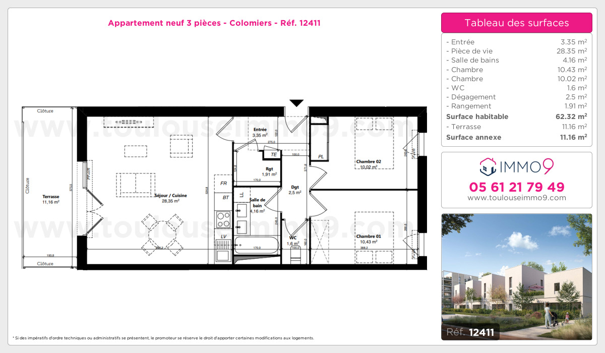 Plan et surfaces, Programme neuf Colomiers Référence n° 12411
