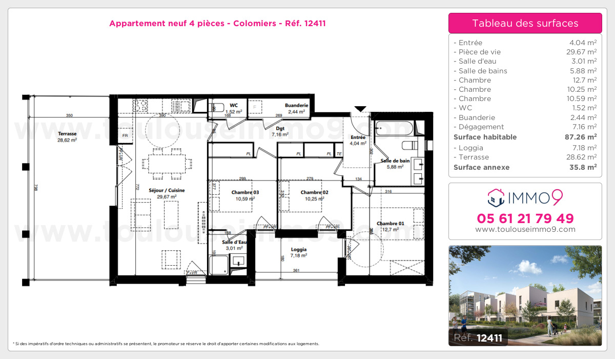 Plan et surfaces, Programme neuf Colomiers Référence n° 12411