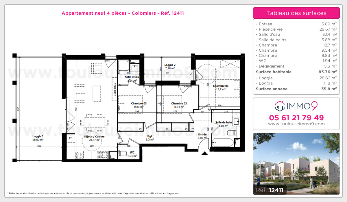Plan et surfaces, Programme neuf Colomiers Référence n° 12411