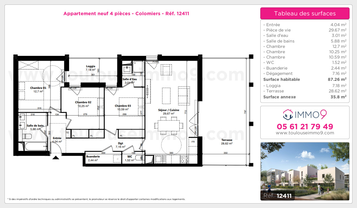 Plan et surfaces, Programme neuf Colomiers Référence n° 12411