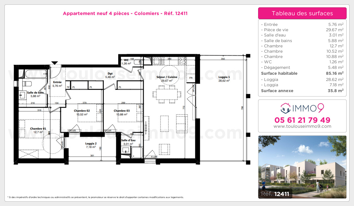 Plan et surfaces, Programme neuf Colomiers Référence n° 12411