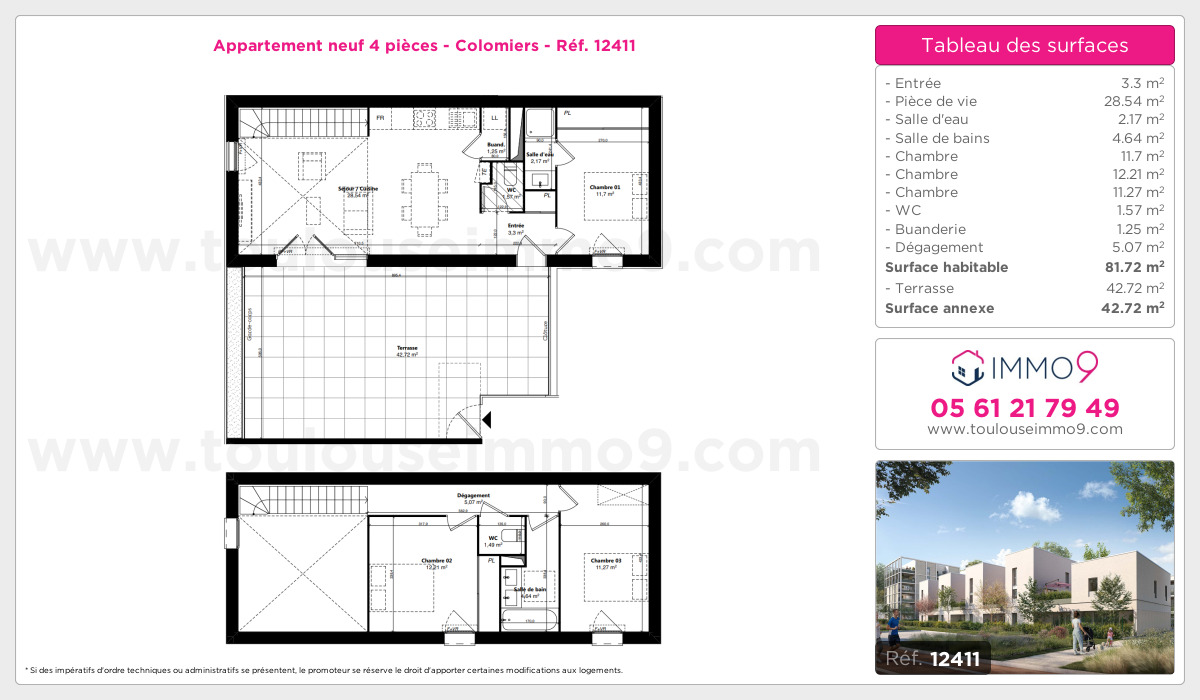 Plan et surfaces, Programme neuf Colomiers Référence n° 12411