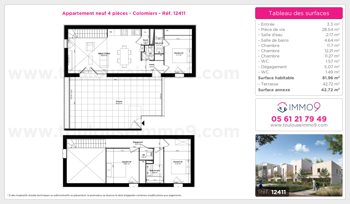 Plan et surfaces, Programme neuf Colomiers Référence n° 12411