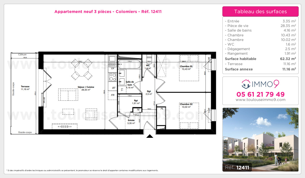 Plan et surfaces, Programme neuf Colomiers Référence n° 12411