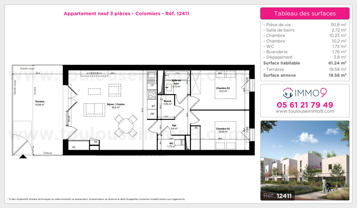 Plan et surfaces, Programme neuf Colomiers Référence n° 12411