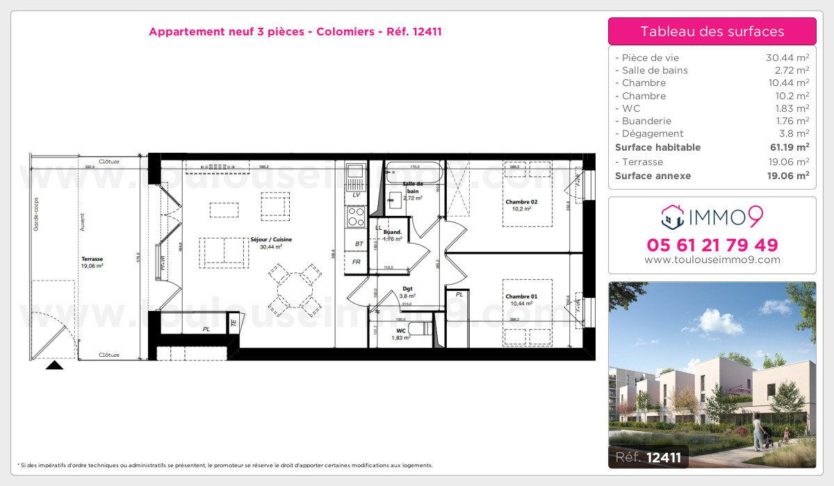 Plan et surfaces, Programme neuf Colomiers Référence n° 12411