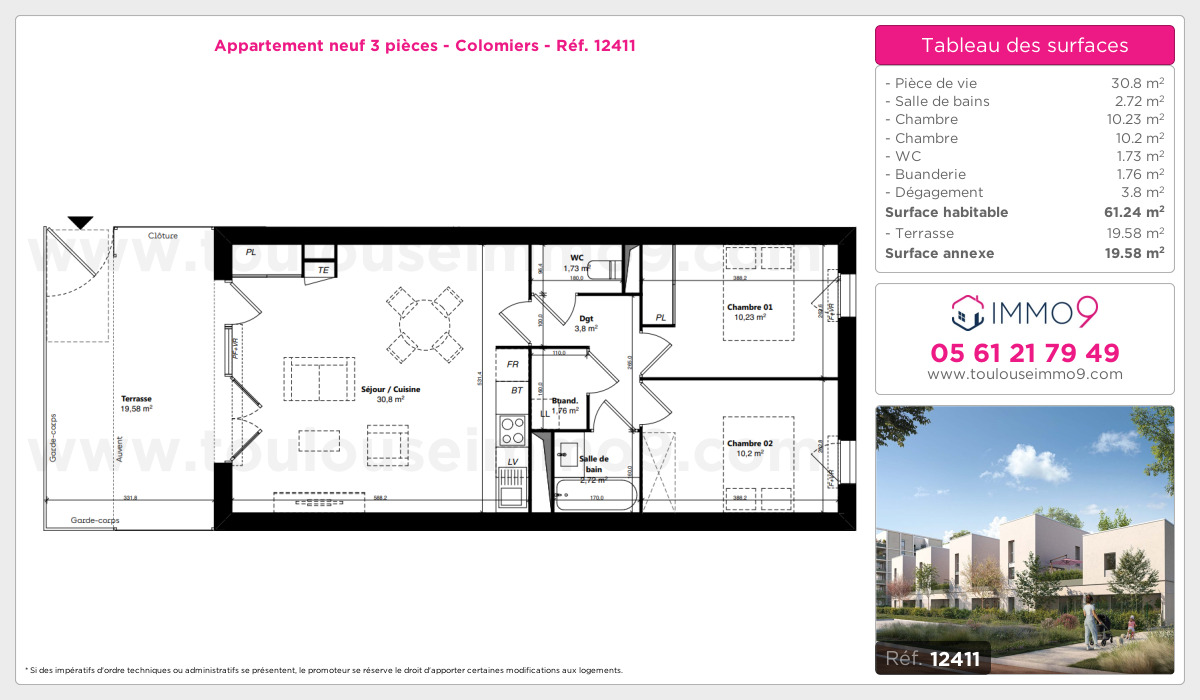 Plan et surfaces, Programme neuf Colomiers Référence n° 12411