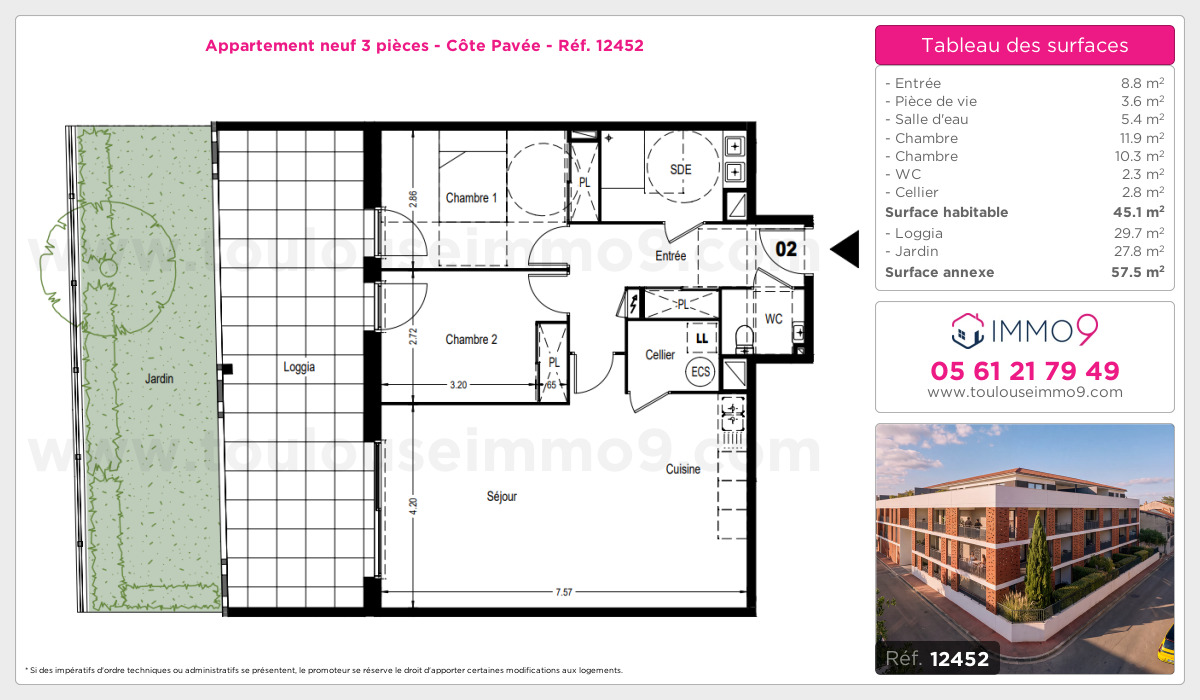 Plan et surfaces, Programme neuf Toulouse : Côte Pavée Référence n° 12452