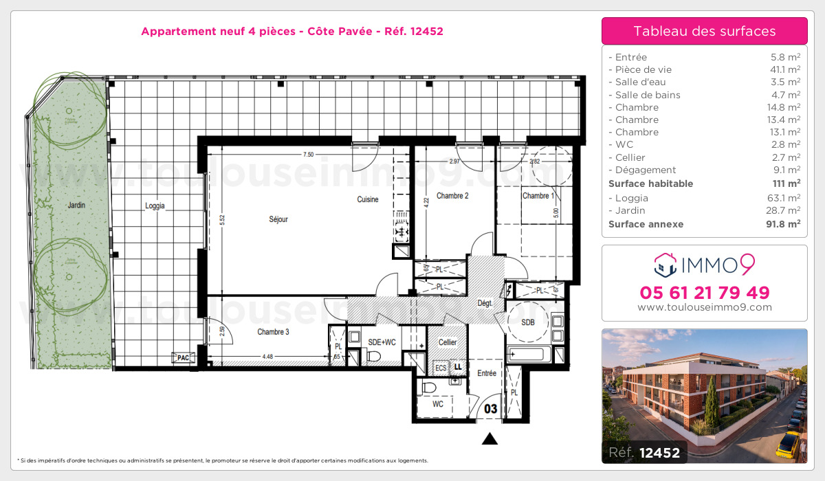 Plan et surfaces, Programme neuf Toulouse : Côte Pavée Référence n° 12452