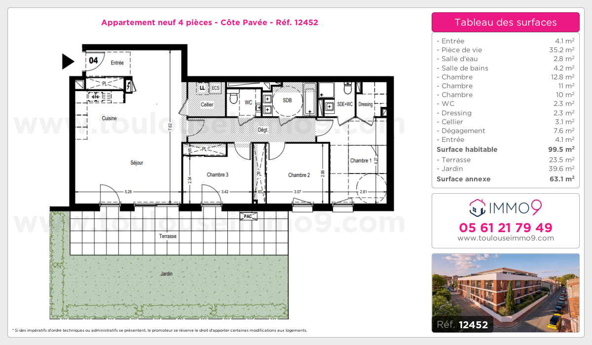 Plan et surfaces, Programme neuf Toulouse : Côte Pavée Référence n° 12452