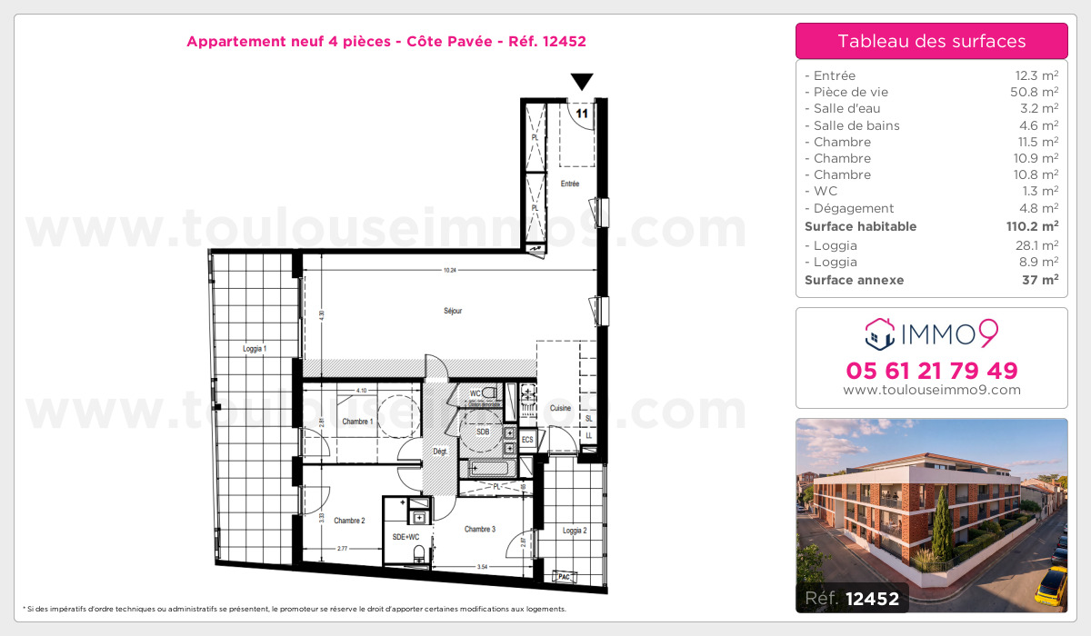 Plan et surfaces, Programme neuf Toulouse : Côte Pavée Référence n° 12452