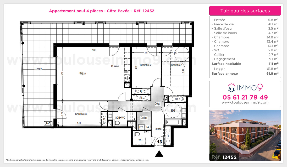 Plan et surfaces, Programme neuf Toulouse : Côte Pavée Référence n° 12452
